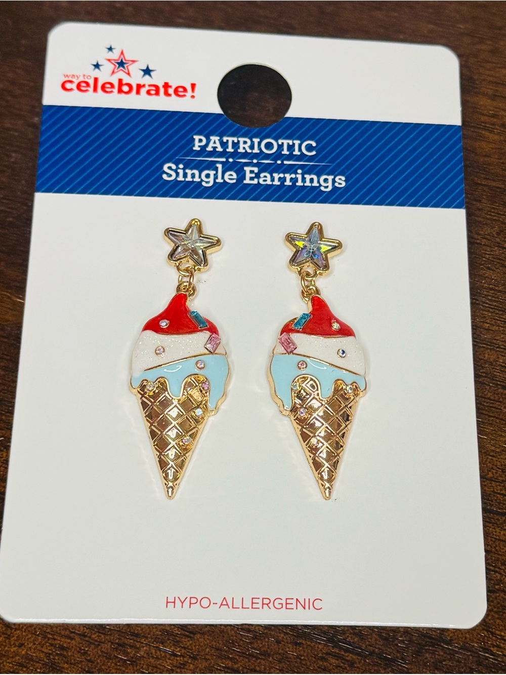 Patriotic Ice Cream Cone Dangle Earrings - Red, White & Blue - Picture 1 of 2